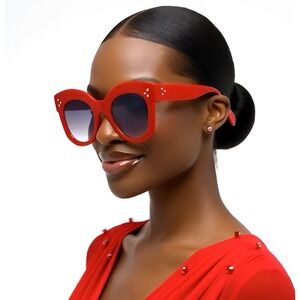 FEISEDY Red Oversized Cat Eye Sunglasses Grey Gradient Lens B2225